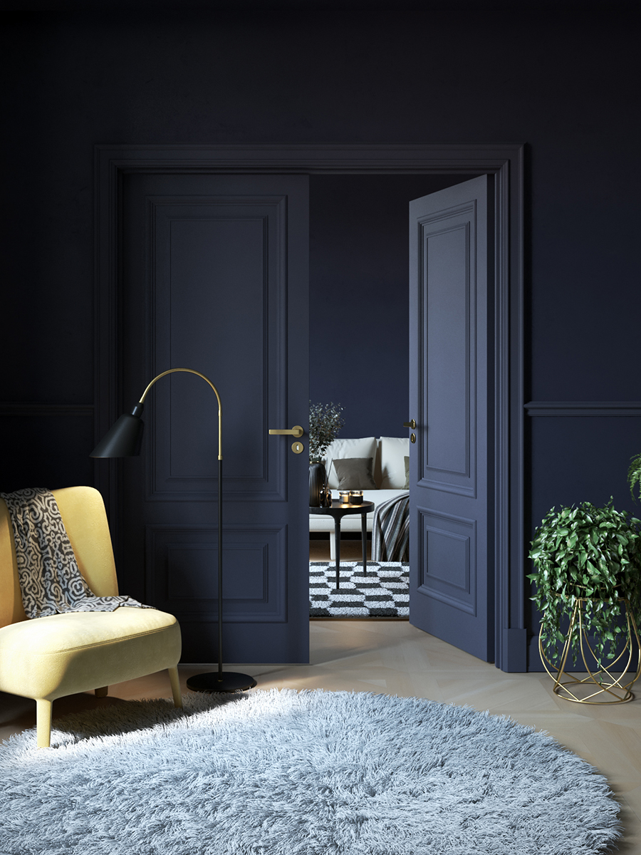 navy blue living room with light wooden parquet flooring and a shaggy grey rug
